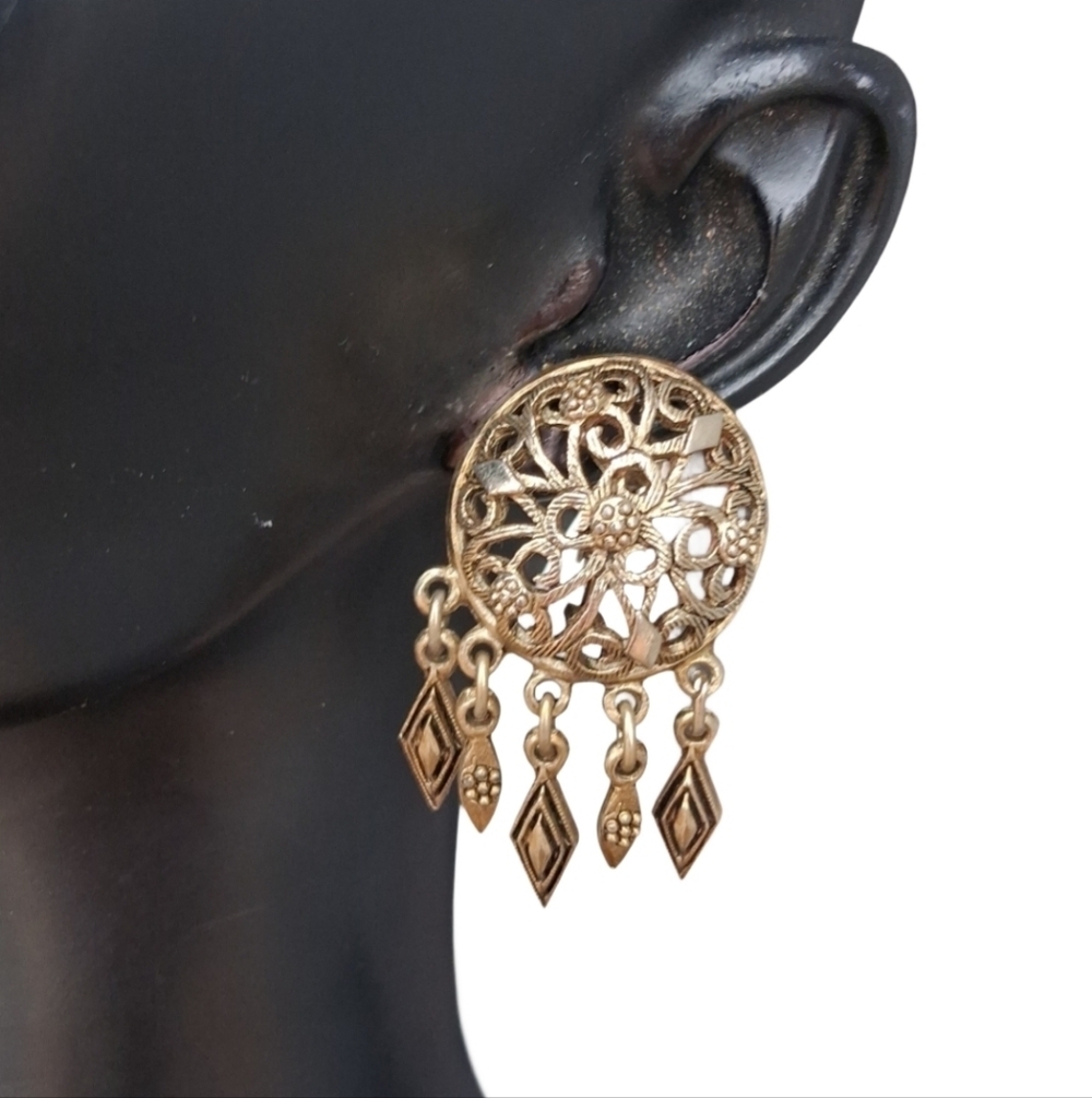 Vintage Silvertone Filigree Drop Earrings | Ornate Clip-On Boho Etruscan Revival